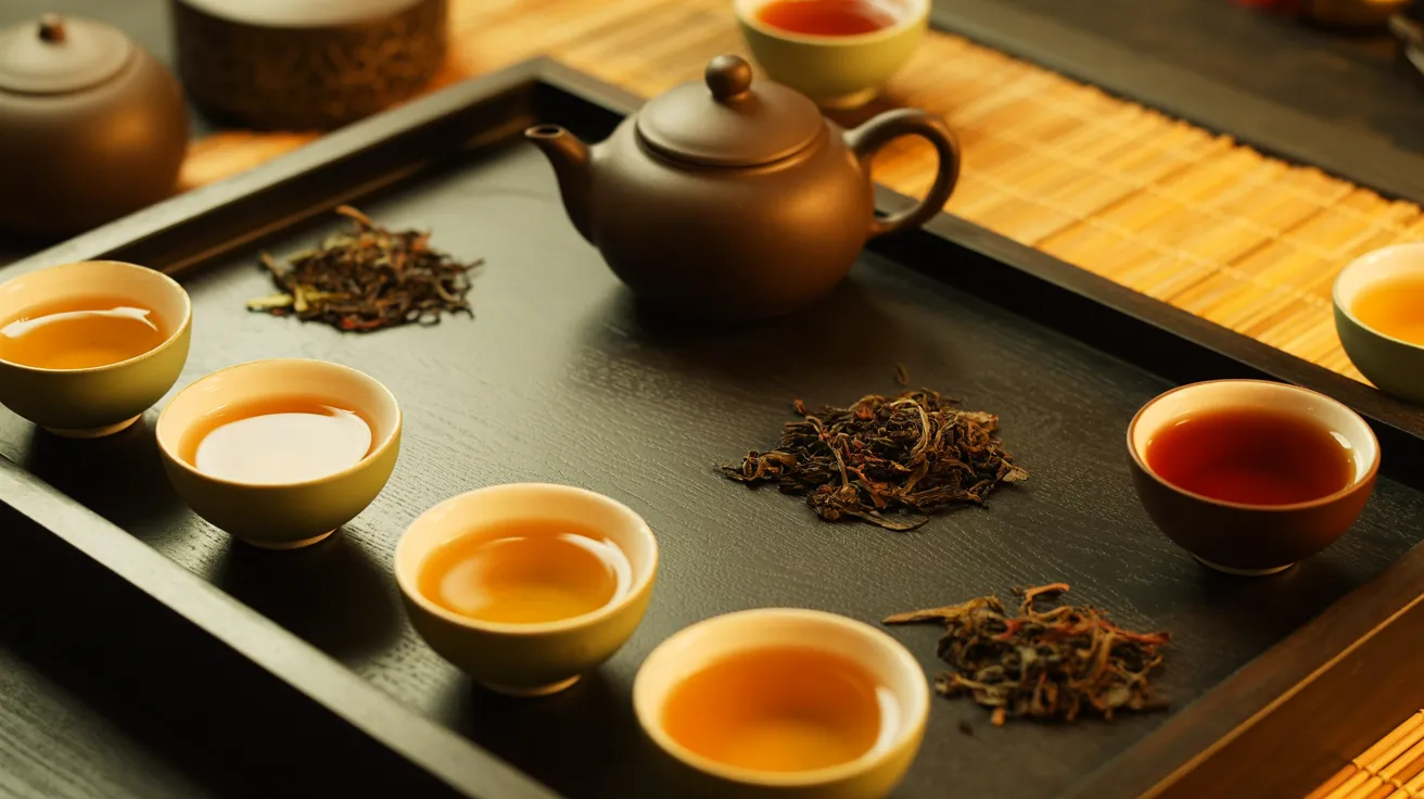 Vietnamese tea tasting setup with traditional teaware and multiple tasting cups on a wooden table